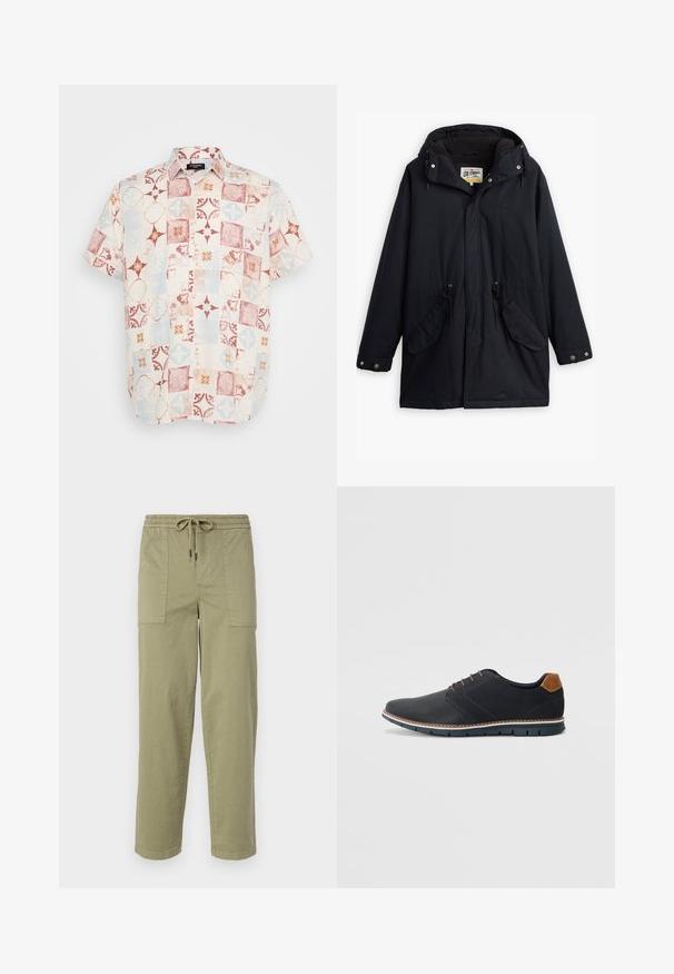 Black waterproof parka with a detachable hood, drawstring waist, two side pockets, and a soft lining. Features snap closures and durable fabric.; Short-sleeved button-up shirt in light fabric featuring a patchwork design with red, blue, and cream geometric patterns.; Light olive green pants made of cotton blend fabric, featuring an elastic waistband with drawstring, and two large side pockets.; Black synthetic shoes with a textured upper, smooth accents, brown heel, and a contrasting sole. Features minimal lacing and stitch details.