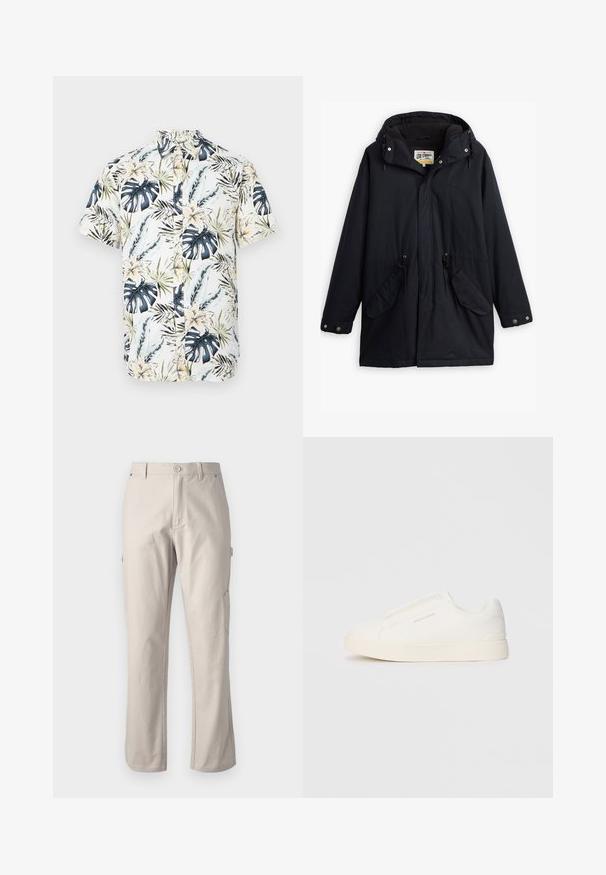 Zwarte waterdichte parka met een afneembare capuchon, een taille met trekkoord, twee zijzakken en een zachte voering. Voorzien van drukknoopsluitingen en duurzaam materiaal.; Korte mouwen shirt met een witte basis en een tropische print met blauwe en groene bladeren, gele bloemen en een knoopsluiting aan de voorkant.; Beige cargobroek van stevig katoen met rechte pijpen, voorknopsluiting en zijzakken voor gebruiksgemak. Gladde textuur met subtiele stiksels.; Witte instap sneakers met een gestructureerd oppervlak, een dikke zool en een minimalistisch ontwerp. Bevat het merklogo aan de zijkant.