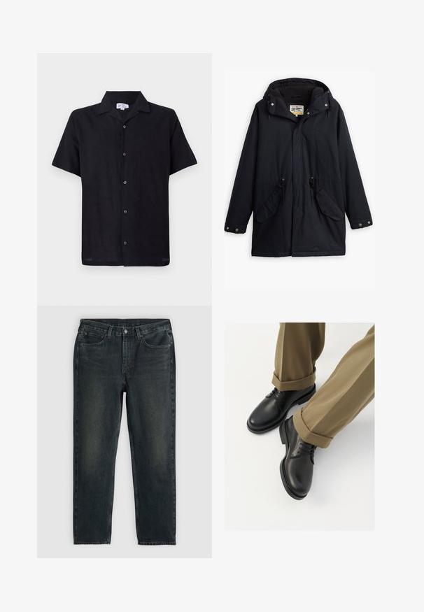 Schwarze wasserdichte Parka mit abnehmbarem Kapuzen, Kordelzug in der Taille, zwei seitlichen Taschen und weicher Innenauskleidung. Mit Druckknopfverschluss und strapazierfähigem Stoff.; Schwarzes Kurzarmhemd aus leichtem Stoff. Verfügt über einen kragenlosen Ausschnitt und eine Frontknopfleiste mit fünf Knöpfen in der Mitte.; Dunkelblaue Jeans aus Denim mit geradem Bein, fünf Taschen, Reißverschluss und kontrastierenden Nähten. Dezente Ausbleichungen im Stoff.; Schwarze Lederschuhe mit glatter Oberfläche, versehen mit Schnürsenkeln und einer runden Zehenpartie, kombiniert mit hochgekrempelten khakifarbenen Hosen.