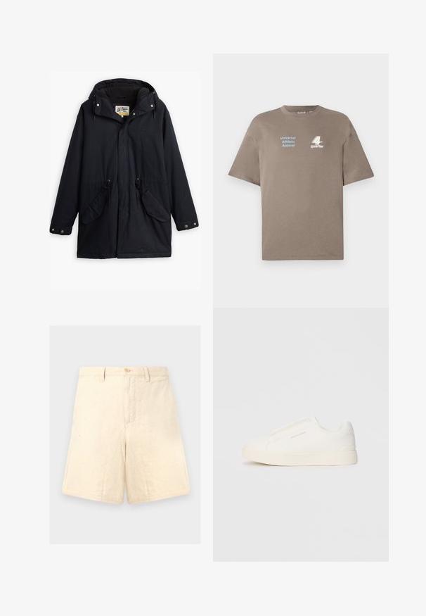 Parka impermeável preta com capuz destacável, cintura com cordão, dois bolsos laterais e um forro macio. Apresenta fechos de pressão e tecido durável.; T-shirt de algodão castanho com decote redondo. Apresenta texto azul "Universal Athletic Apparel" e o logótipo branco "4th quarter" na parte da frente. Mangas curtas.; Bermudas de linho bege com um corte ajustado, apresentando um fecho frontal por botão, dois bolsos laterais e uma textura subtil.; Sapatilhas brancas de atacar com uma superfície texturizada, sola grossa e design minimalista. Possui o logo da marca na lateral.