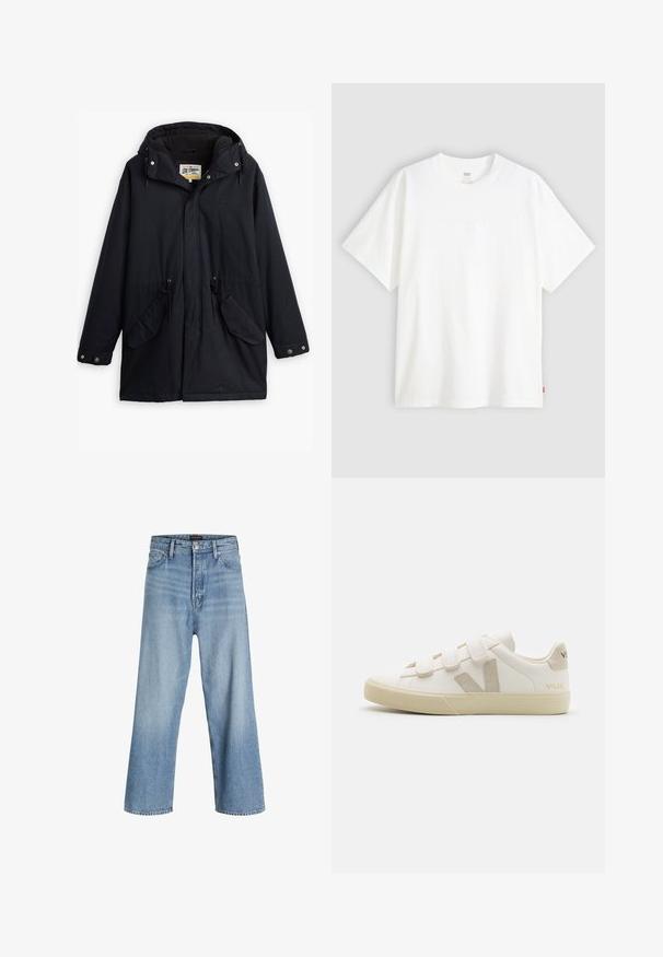 Black waterproof parka with a detachable hood, drawstring waist, two side pockets, and a soft lining. Features snap closures and durable fabric.; White short-sleeve t-shirt made of cotton with a crew neck. Features subtle embossed logo detail on the front and a red label at the hem.; Light blue wide-leg jeans made of denim, featuring a high waist, classic five-pocket design, and button closure with a zip fly.; White leather sneakers with Velcro straps, beige accents, rounded toe, textured rubber sole, and embossed logo. Minimalist design.