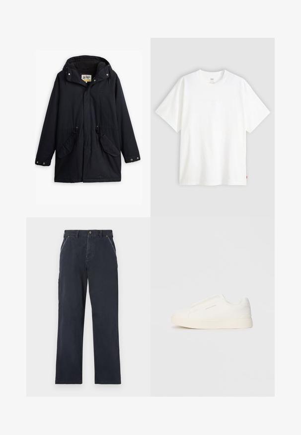 Black waterproof parka with a detachable hood, drawstring waist, two side pockets, and a soft lining. Features snap closures and durable fabric.; White short-sleeve t-shirt made of cotton with a crew neck. Features subtle embossed logo detail on the front and a red label at the hem.; Navy blue cotton trousers with a straight leg design. Features front pockets, a button closure, and visible stitching details.; White slip-on sneakers with a textured surface, a thick sole, and minimalistic design. Features brand logo on the side.