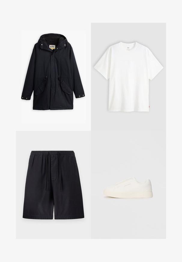 Melna ūdensizturīga parka ar noņemamu kapuci, regulējamu jostu, divām sānu kabatām un mīkstu oderi. Ietekme slēgšanai un izturīgs audums.; Balta īslaicīga T-krekla ar īsām piedurknēm, kas izgatavots no kokvilnas, ar apaļu kakla izgriezumu. Priekšpusē ir smalks reljefs ar logotipu un sarkans birka apakšmalā.; Melnas šortus ar elastīgu vidukli, ar šņorējumu, sānu kabatām un vieglu audumu komfortam. Redzami šuvju detalizējumi.; Baltas slip-on sporta apavi ar teksturētu virsmu, biezu zoli un minimālistisku dizainu. Sānos redzams zīmola logotips.