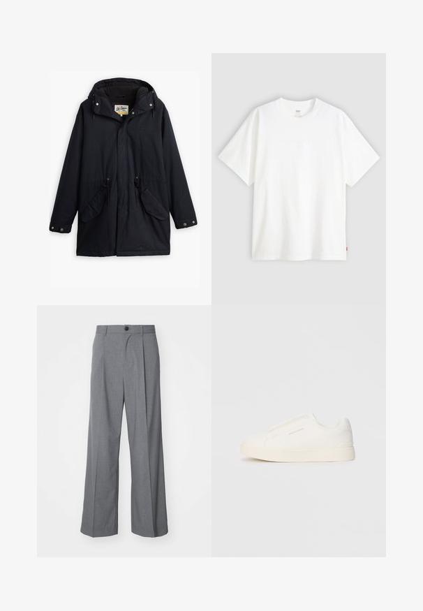 Parka impermeável preta com capuz destacável, cintura com cordão, dois bolsos laterais e um forro macio. Apresenta fechos de pressão e tecido durável.; T-shirt branca de manga curta, feita de algodão, com decote redondo. Apresenta um discreto detalhe de logotipo em relevo na frente e uma etiqueta vermelha na bainha.; Weekday UNO LOOSE SUIT TROUSERS - Calças de fato - dark grey; Sapatilhas brancas de atacar com uma superfície texturizada, sola grossa e design minimalista. Possui o logo da marca na lateral.