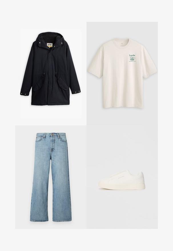 Parka impermeável preta com capuz destacável, cintura com cordão, dois bolsos laterais e um forro macio. Apresenta fechos de pressão e tecido durável.; T-shirt branca de algodão com mangas curtas, com o logótipo e texto verde da Lev's no lado esquerdo do peito. Corte descontraído, textura suave.; Jeans de perna larga azul claro feitos de denim, apresentando fecho por botão, desbotamento subtil e design padrão de cinco bolsos.; Sapatilhas brancas de atacar com uma superfície texturizada, sola grossa e design minimalista. Possui o logo da marca na lateral.