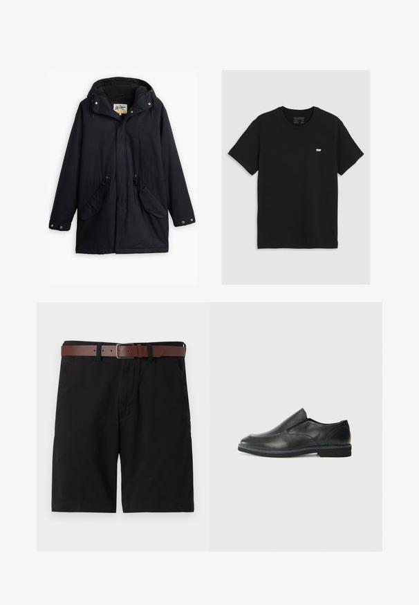 Black waterproof parka with a detachable hood, drawstring waist, two side pockets, and a soft lining. Features snap closures and durable fabric.; Black cotton t-shirt with short sleeves, round neckline, features a small white Levi's logo on the chest, smooth texture, classic fit.; Black cotton shorts featuring a brown leather belt. The design includes front pockets and a straight cut with finished hems.; Black leather slip-on shoe with a smooth upper, stitched accents, rounded toe, and a low rubber heel. Sole features minimal tread.