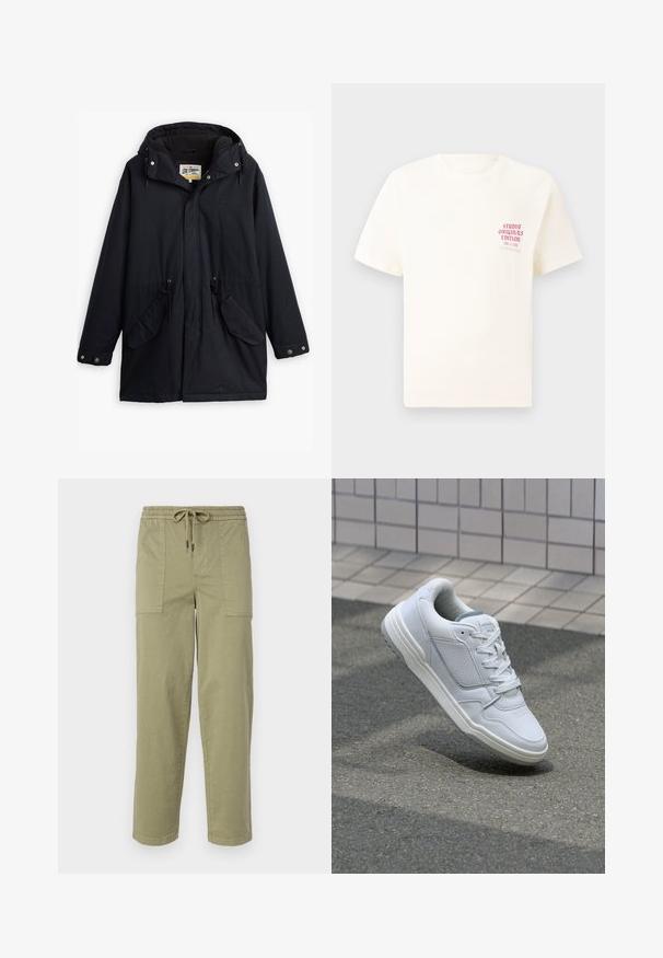 Čierna nepremokavá parka s odnímateľnou kapucňou, sťahovacím pásom v páse, dvoma bočnými vreckami a mäkkou podšívkou. Obsahuje patentky a odolný materiál.; Biele tričko s krátkym rukávom s červeným textom "Studio Originals Edition" na ľavej hrudi, zobrazené na neutrálnom šedom pozadí.; Svetlo olivové nohavice vyrobené z zmesi bavlny, s elastickým pásom na šnúrku a dvoma veľkými bočnými vreckami.; Biele kožené tenisky s perforovanými stranami, textúrovanými akcentmi, plochými šnúrkami a kontrastnou sivou pätou. Majú mierne zvýšenú podrážku.