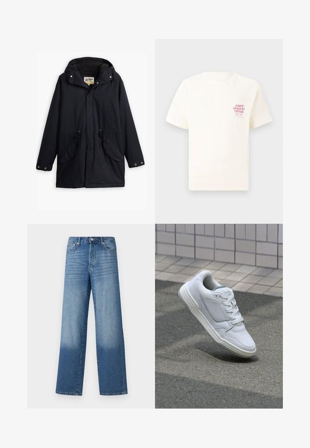 Fekete vízálló parka leválasztható kapucnival, húzózsinóros derékkal, két oldalsó zsebből és puha béléssel. Patentos záródással és tartós anyaggal rendelkezik.; Fehér, rövid ujjú póló, bal mellen piros szöveggel "Studio Originals Edition", semleges szürke háttér előtt.; Kék, magas derekú, egyenes szárú farmernadrág, amelynek a combján fakulások láthatók, a szegélyeknél sötétebb árnyalatokkal, látható elöl gomb és zsebek.; Fehér bőr sneaker perforált oldalakkal, texturált részletekkel, lapos fűzőkkel és kontrasztos szürke sarokkal. Enyhén megemelt talppal rendelkezik.