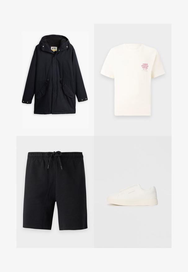 Čierna nepremokavá parka s odnímateľnou kapucňou, sťahovacím pásom v páse, dvoma bočnými vreckami a mäkkou podšívkou. Obsahuje patentky a odolný materiál.; Biele tričko s krátkym rukávom s červeným textom "Studio Originals Edition" na ľavej hrudi, zobrazené na neutrálnom šedom pozadí.; Čierne šortky vyrobené z jemného materiálu. Majú elastický pás s šnúrkou na stiahnutie. Jednoduchý dizajn, žiadne viditeľné vzory alebo akcenty.; Biele slip-on tenisky s textúrovaným povrchom, hrubou podrážkou a minimalistickým dizajnom. Obsahuje logo značky na boku.