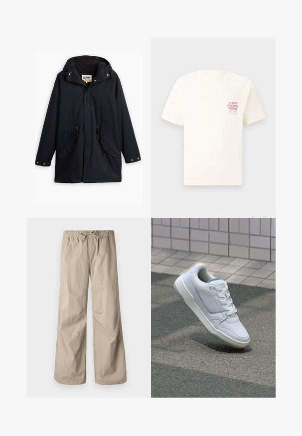 Parka negra impermeable con capucha desmontable, cintura ajustable con cordón, dos bolsillos laterales y forro suave. Presenta cierres a presión y un tejido duradero.; Camiseta blanca de manga corta con el texto rojo "Edición de Studio Originals" en el lado izquierdo del pecho, exhibida sobre un fondo gris neutro.; Pantalones beige de pierna ancha con cintura elástica y cordón. Textura suave, dos bolsillos laterales y costuras mínimas para un ajuste relajado.; Zapatilla blanca de cuero con lados perforados, acentos texturizados, cordones planos y un talón gris en contraste. Presenta una suela ligeramente elevada.