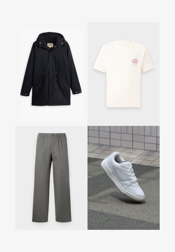 Černá voděodolná parka s odnímatelnou kapucí, stažením v pase, dvěma bočními kapsami a měkkou podšívkou. Obsahuje patentky a odolnou tkaninu.; Bílý krátký rukávový tričko s červeným textem "Studio Originals Edition" na levé hrudi, vystavené na neutrálním šedém pozadí.; Šedé lněné kalhoty s uvolněným střihem, elastickým pasem, knoflíkovým zapínáním a rovnými nohavicemi. Hladká textura, minimalistický design.; Bílé kožené tenisky s perforovanými stranami, texturovanými detaily, plochými tkaničkami a kontrastní šedou patou. Mají mírně zvýšenou podrážku.