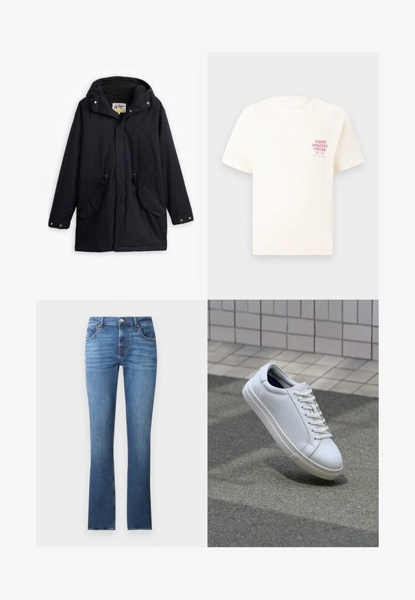 Parka negra impermeable con capucha desmontable, cintura ajustable con cordón, dos bolsillos laterales y forro suave. Presenta cierres a presión y un tejido duradero.; Camiseta blanca de manga corta con el texto rojo "Edición de Studio Originals" en el lado izquierdo del pecho, exhibida sobre un fondo gris neutro.; Jeans de mezclilla azul con un diseño de pierna recta, que presentan un ligero desgaste, cinco bolsillos y herrajes metálicos. La cintura incluye presillas para cinturón.; Zapatilla de cuero blanca con una textura suave, diseño de cordones y punta redondeada. Presenta una suela de goma texturizada y acentos minimalistas.