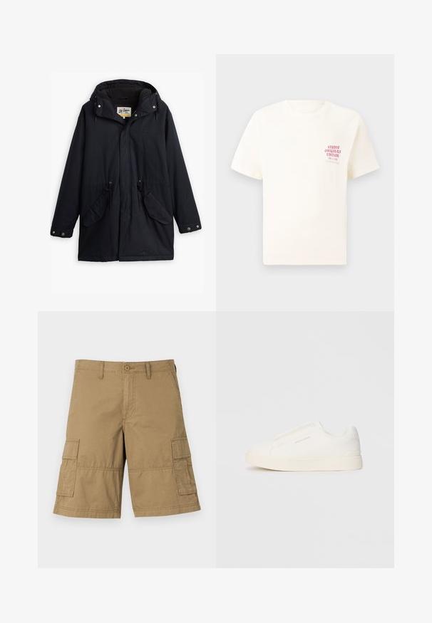 Parka neagră impermeabilă cu glugă detașabilă, talie ajustabilă cu șnur, două buzunare laterale și o căptușeală moale. Dispune de închideri cu capse și material rezistent.; Tricou alb cu mânecă scurtă, având text roșu "Studio Originals Edition" pe partea stângă a pieptului, expus pe un fundal gri neutru.; Pantaloni scurți din țesătură khaki, cu croi drept, având două buzunare laterale și închidere cu nasture la talie. Textură netedă pe toată suprafața.; Tenisi albi slip-on cu o suprafață texturată, talpă groasă și un design minimalist. Prezintă logo-ul brandului pe lateral.