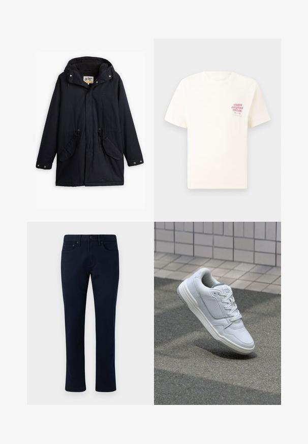 Must värvitud veekindel parka äratavaba kapuutsi, reguleeritava vöökoha, kahe küljetasku ja pehme voodriga. Omab nööpkinnitusi ja vastupidavat kangast.; Valge lühikeste varrukatega T-särk, millel on vasakul rinnal punane tekst "Studio Originals Edition", esitatud neutraalsel hallil taustal.; Tumesinine teksapüksid kitsas lõikega, klassikalise viie tasku disainiga ja peente tikandite aktsentidega. Sujuv tekstuur ja ilma kaunistusteta.; Valge nahkne toss, millel on perforeeritud külgedega, tekstuuriga aktsendid, lame pael ja kontrastne hall konts. Omab veidi tõstetud tallat.