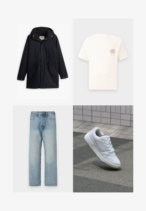 Crni vodootporni parka s odvojivom kapuljačom, strukom s vezicom, dva bočna džepa i mekanim oblogom. Ima kopčanje na dugmiće i izdržljivu tkaninu.; Bijela kratka majica s kratkim rukavima s crvenim natpisom "Studio Originals Edition" na lijevoj strani grudi, prikazana na neutralnoj sivoj pozadini.; Svijetloplavi traperice s ravnim nogavicama, pet džepova i bronze detaljima. Minimalno izblijedjele s čistu završnom obradom.; Bijele kožne tenisice s perforiranim bočnim dijelovima, teksturiranim akcentima, ravnim vezicama i kontrastnim sivim petom. Imaju blago povišenu potplat.