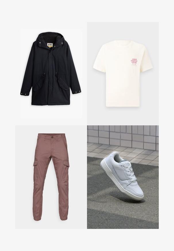 Melna ūdensizturīga parka ar noņemamu kapuci, regulējamu jostu, divām sānu kabatām un mīkstu oderi. Ietekme slēgšanai un izturīgs audums.; Balts īsām piedurknēm T-krekls ar sarkanu tekstu "Studio Originals Edition" uz kreisā krūšu, pakārtots neitrālā pelēkā fonā.; Kargo bikses mīkstā burgundijas krāsā ar elastīgām malām, daudziem sānu kabatām un plakanu priekšpusi, kas piemērotas ikdienas valkāšanai vai āra aktivitātēm.; Baltas ādas sporta apavi ar perforētiem sāniem, teksturētām akcentiem, plakanu šņorēšanu un kontrastējošu pelēku papēdi. Iezīmē nedaudz paaugstinātu zole.