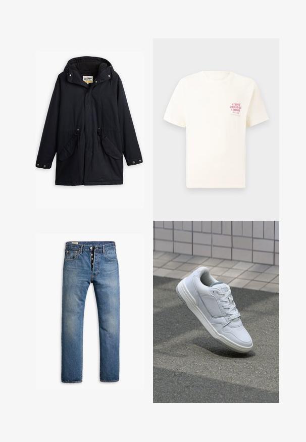 Juodas vandeniui atsparus parka su nuimamu kapišonu, raišteliu juosmeniui, dviem šoninėmis kišenėmis ir minkštu pamušalu. Yra spaudimo užsegimai ir patvari medžiaga.; Balta trumpa rankovėmis marškinėliai su raudonu užrašu "Studio Originals Edition" kairiajame krūtinės šone, rodomi neutralioje pilkoje aplinkoje.; Šviesiai mėlynos džinsinės kelnės su tiesiom kojomis, turinčios penkias kišenes ir sagčių užsegimą. Sutrintų tekstūrų su išblukusiomis vietomis.; Baltos odinės sportinės bateliai su perforuotais šonais, tekstūruotais akcentais, plokščiomis raištelėmis ir kontrastingu pilku kulnu. Yra šiek tiek pakelti padas.