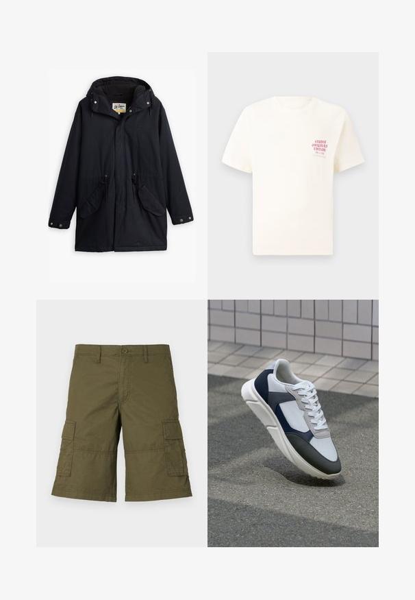 Parka noire imperméable avec capuche amovible, taille réglable par cordon, deux poches latérales et doublure douce. Comprend des fermetures à pression et un tissu durable.; T-shirt blanc à manches courtes avec le texte rouge "Édition Originals du Studio" sur la poitrine gauche, présenté sur un fond gris neutre.; Shorts cargo vert olive avec fermeture à bouton, plusieurs poches latérales et détails cousus. Fabriqués en tissu durable avec une coupe décontractée.; Baskets blanches, bleu marine et grises avec un design en matériaux mélangés, présentant une tige texturée, des lacets plats et une semelle rembourrée.