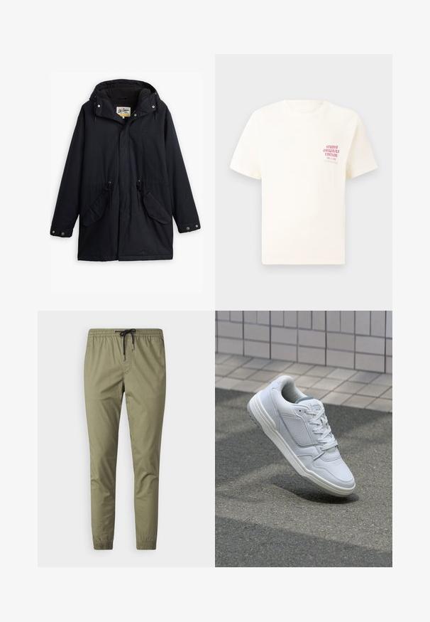 Fekete vízálló parka leválasztható kapucnival, húzózsinóros derékkal, két oldalsó zsebből és puha béléssel. Patentos záródással és tartós anyaggal rendelkezik.; Fehér, rövid ujjú póló, bal mellen piros szöveggel "Studio Originals Edition", semleges szürke háttér előtt.; Világos olívazöld jogger nadrág, puha anyagból készült, rugalmas derékrésszel, húzózsinórral és rugalmas cipzáras szegéllyel a bokáknál.; Fehér bőr sneaker perforált oldalakkal, texturált részletekkel, lapos fűzőkkel és kontrasztos szürke sarokkal. Enyhén megemelt talppal rendelkezik.