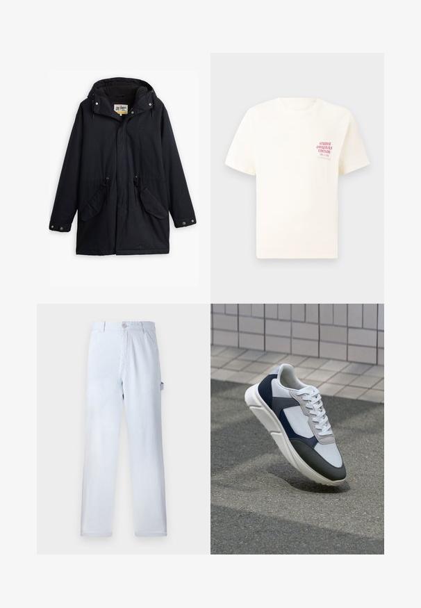 Must värvitud veekindel parka äratavaba kapuutsi, reguleeritava vöökoha, kahe küljetasku ja pehme voodriga. Omab nööpkinnitusi ja vastupidavat kangast.; Valge lühikeste varrukatega T-särk, millel on vasakul rinnal punane tekst "Studio Originals Edition", esitatud neutraalsel hallil taustal.; Heled sinised triibulised püksid, mis on valmistatud puuvillast. Sirge jala disain, esine nupuvajutusega kinniti ja küljetaskud. Pehme tekstuur.; Valge, mereväe sinine ja hall spordijalats, millel on segatud materjalide disain, tekstureeritud ülemine osa, lame pael ja pehme talla.