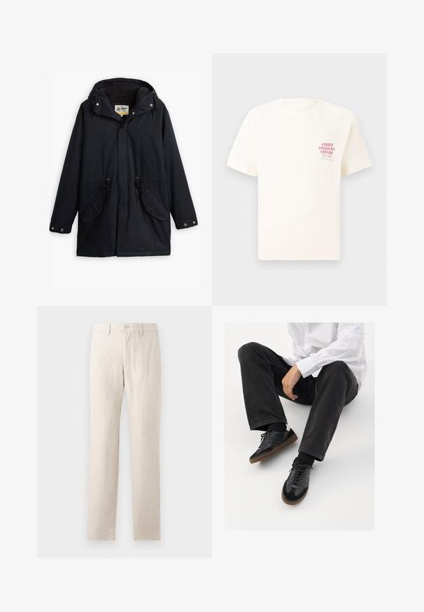 Parka noire imperméable avec capuche amovible, taille réglable par cordon, deux poches latérales et doublure douce. Comprend des fermetures à pression et un tissu durable.; T-shirt blanc à manches courtes avec le texte rouge "Édition Originals du Studio" sur la poitrine gauche, présenté sur un fond gris neutre.; Pantalons en lin beige avec un design à jambe droite, dotés d'une fermeture à bouton, de poches avant et arrière, et d'une texture lisse.; Sneakers noirs avec un dessus lisse et texturé, dotés d'une semelle en caoutchouc et de lacets sombres. Associés à un jean noir et une chemise blanche à rayures.