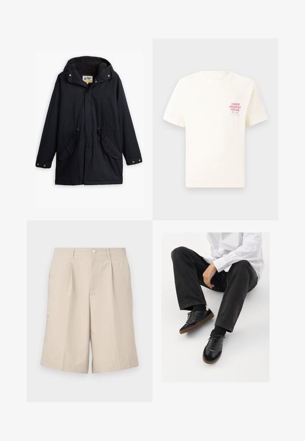 Schwarze wasserdichte Parka mit abnehmbarem Kapuzen, Kordelzug in der Taille, zwei seitlichen Taschen und weicher Innenauskleidung. Mit Druckknopfverschluss und strapazierfähigem Stoff.; Weißes T-Shirt mit kurzen Ärmeln und rotem Text "Studio Originals Edition" auf der linken Brust, präsentiert vor einem neutralen grauen Hintergrund.; Beige maßgeschneiderte Shorts aus leichtem Material, mit einem Frontknopf, zwei Seitentaschen und einem Bügelfalten-Detail auf der Vorderseite.; Schwarze Sneakers mit einer glatten und strukturierten Oberfläche, ausgestattet mit einer Gummisohle und dunklen Schnürsenkeln. Kombiniert mit schwarzen Jeans und einem gestreiften weißen Hemd.