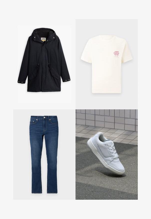 Čierna nepremokavá parka s odnímateľnou kapucňou, sťahovacím pásom v páse, dvoma bočnými vreckami a mäkkou podšívkou. Obsahuje patentky a odolný materiál.; Biele tričko s krátkym rukávom s červeným textom "Studio Originals Edition" na ľavej hrudi, zobrazené na neutrálnom šedom pozadí.; Tmavomodré džínsy s rovnými nohavicami, s predným zapínaním na zips a gombík. Viditeľné švy pozdĺž švov.; Biele kožené tenisky s perforovanými stranami, textúrovanými akcentmi, plochými šnúrkami a kontrastnou sivou pätou. Majú mierne zvýšenú podrážku.