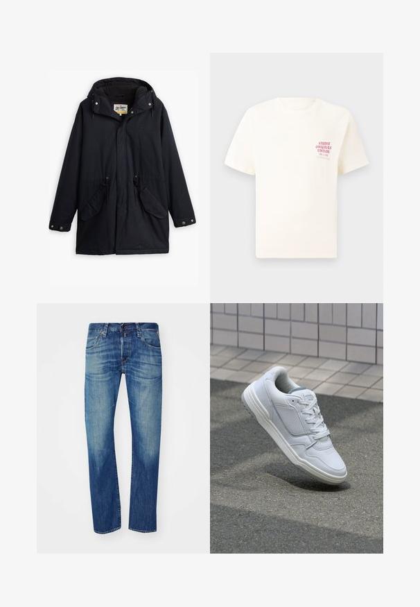 Parka negra impermeable con capucha desmontable, cintura ajustable con cordón, dos bolsillos laterales y forro suave. Presenta cierres a presión y un tejido duradero.; Camiseta blanca de manga corta con el texto rojo "Edición de Studio Originals" en el lado izquierdo del pecho, exhibida sobre un fondo gris neutro.; Jeans de mezclilla azul con corte recto, que presentan detalles descoloridos, diseño de cinco bolsillos y cierre de botón en la cintura.; Zapatilla blanca de cuero con lados perforados, acentos texturizados, cordones planos y un talón gris en contraste. Presenta una suela ligeramente elevada.