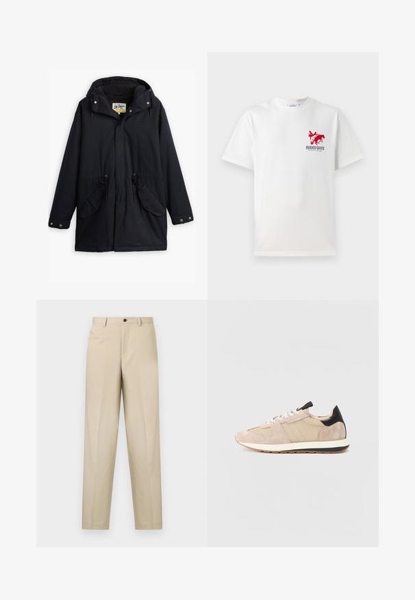 Black waterproof parka with a detachable hood, drawstring waist, two side pockets, and a soft lining. Features snap closures and durable fabric.; White cotton t-shirt featuring a red cowboy and horse graphic on the left chest with "RODEO DAYS" text beneath the design.; Beige trousers made of lightweight fabric, featuring a straight leg design, single front pleat, and a button closure at the waistband.; Beige suede sneakers with mesh panels, white laces, and a black heel accent. Thick white sole with a black strip adds contrast.