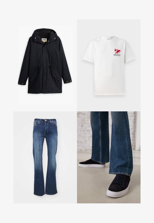 Parka impermeável preta com capuz destacável, cintura com cordão, dois bolsos laterais e um forro macio. Apresenta fechos de pressão e tecido durável.; T-shirt de algodão branco com um gráfico de um cowboy vermelho e um cavalo no lado esquerdo do peito, com o texto "DIA DE RODEIO" abaixo do design.; Jeans de ganga azul escuro, flare, com cinco bolsos, fechamento frontal por botão e desbotamento sutil do joelho à barra. Apresenta um corte clássico e detalhes de costura.; Tênis de camurça azul escuro com sola de borracha branca e atacadores, combinados com jeans de perna larga em um tom de azul médio.