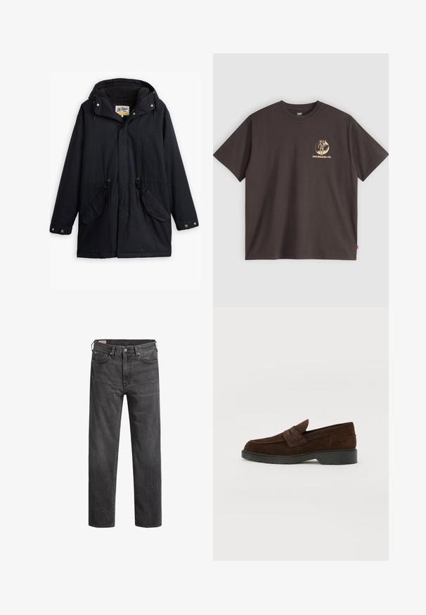 Svart vattentät parka med avtagbar huva, dragsko i midjan, två sidofickor och ett mjukt foder. Har knäppningar och slitstarkt tyg.; Mörkbrun bomull t-shirt med korta ärmar, med en guldlogo-design på vänster bröst och en röd tab på sidan av nederkanten.; Mörkgrå denimjeans med rak benpassform, fem fickor och kopparnitar. Klassisk design med en något blekt textur.; Bruna mockaläder loafers med rund tå och en robust svart gummisula. Har ett dekorativt band och sömnad på ovansidan.