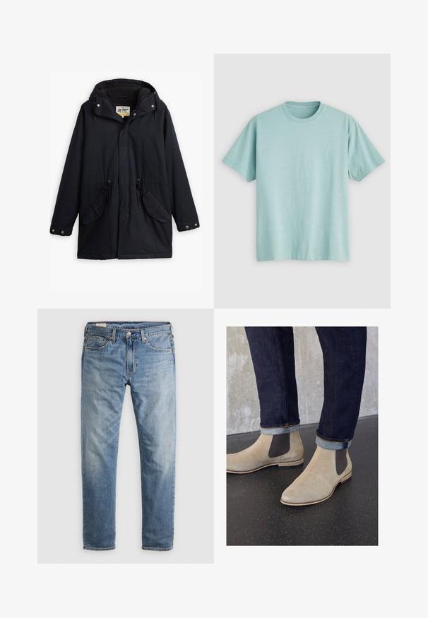 Must värvitud veekindel parka äratavaba kapuutsi, reguleeritava vöökoha, kahe küljetasku ja pehme voodriga. Omab nööpkinnitusi ja vastupidavat kangast.; Hele sinine ümar kaelusega T-särk, mis on valmistatud puuvillast, lühikeste varrukatega ja vasakul rinnaosas väikese logoga. Sile tekstuur.; Hele sinise värvusega teksapüksid sirge lõikega. Omavad viit taskut, lukuga esikinnitust ja õmbluste dekoratsioone. Pehme, veidi tuhmunud kangas.; Zign LEATHER - Klassikalised poolsaapad - sand