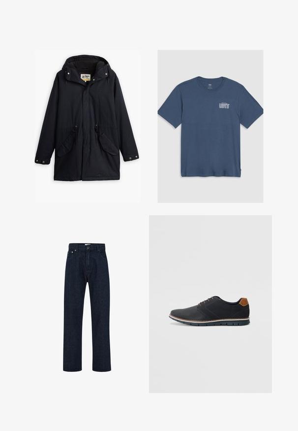Juodas vandeniui atsparus parka su nuimamu kapišonu, raišteliu juosmeniui, dviem šoninėmis kišenėmis ir minkštu pamušalu. Yra spaudimo užsegimai ir patvari medžiaga.; Mėlyna medvilninė marškinėliai su apvalia iškirpte ir trumpomis rankovėmis. Kairėje krūtinės pusėje yra baltas "Levi's" logotipas. Paprastas dizainas.; Tamsiai mėlyni džinsai su aukštu liemeniu, tiesiomis plačiomis kojomis, priekinėmis kišenėmis ir metaliniu mygtuko uždarymu. Klasikinis penkių kišenių dizainas.; Juodi sintetiniai batai su tekstūruotu paviršiumi, lygiomis detalėmis, ruda kulna ir kontrastingu padu. Yra minimalus raištelių užsidėjimas ir siuvimo detalės.
