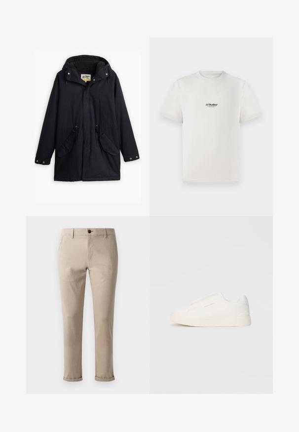 Parka impermeável preta com capuz destacável, cintura com cordão, dois bolsos laterais e um forro macio. Apresenta fechos de pressão e tecido durável.; T-shirt de algodão branca com mangas curtas, apresentando um logótipo preto "JJ Studios" no peito. Design de gola redonda e ajuste padrão.; Jack & Jones STMARCO FURY NOOS - Chinos - atmosphere; Sapatilhas brancas de atacar com uma superfície texturizada, sola grossa e design minimalista. Possui o logo da marca na lateral.