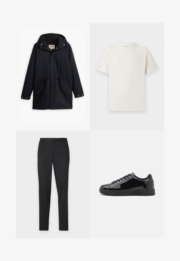Μαύρο αδιάβροχο παρκά με αποσπώμενη κουκούλα, ελαστική μέση, δύο πλαϊνές τσέπες και μαλακή επένδυση. Διαθέτει κλείσιμο με κουμπιά και ανθεκτικό ύφασμα.; Λευκή κοντομάνικη μπλούζα με ριγωτή υφή. Στρογγυλή λαιμόκοψη, χαλαρή εφαρμογή, χωρίς ορατά σχέδια ή λεπτομέρειες. Απλός και ευέλικτος σχεδιασμός.; Μαύρο ταγμένο παντελόνι με λείο ύφασμα, ίσια γραμμή, κλείσιμο με ένα κουμπί και διακριτικές τσέπες.; Μαύρα παπούτσια από πατεντωμένο δέρμα με στρογγυλή μύτη, επίπετη καουτσούκ σόλα και μαύρες κορδόνες. Λείο, γυαλιστερό υλικό στην πάνω επιφάνεια.