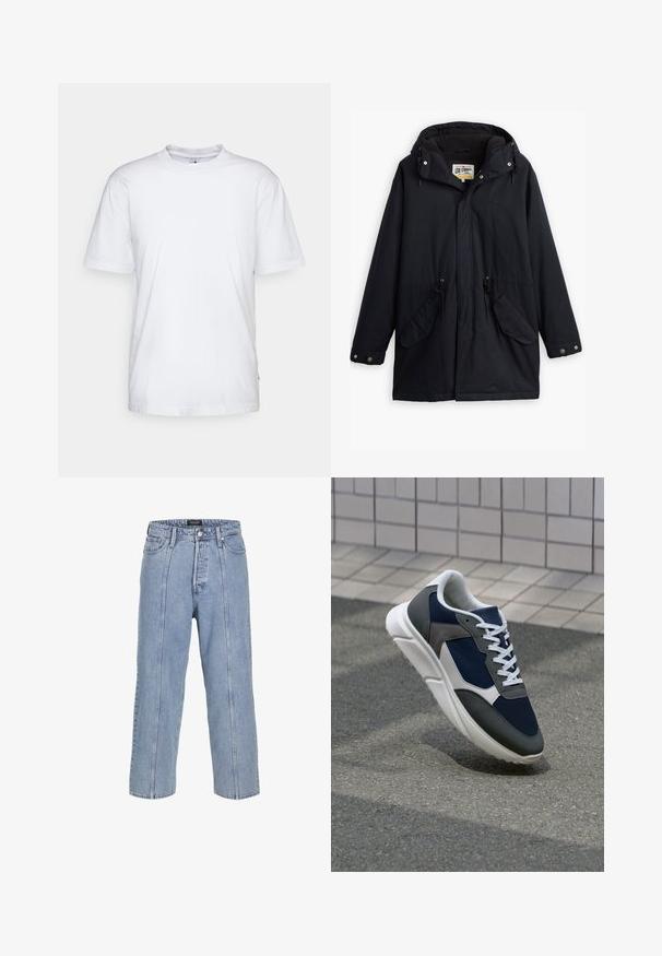 Parka nera impermeabile con cappuccio staccabile, vita regolabile con cordino, due tasche laterali e una fodera morbida. Dotato di chiusure a scatto e tessuto resistente.; T-shirt bianco in cotone con collo rotondo, maniche corte e orlo dritto. Presenta un piccolo etichetta del marchio sul lato sinistro.; Jeans in denim blu chiaro con una vestibilità ampia, gambe larghe e dettagli di cucitura visibili. Presenta una chiusura con bottone e zip, cinque tasche.; Sneaker con tomaia in rete blu navy, inserti in suede grigio, suola in gomma bianca e lacci bianchi piatti, progettata per comfort e traspirabilità.