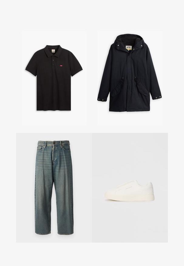 Črna nepremočljiva parka z odstranljivo kapuco, vrvico v pasu, dvema stranskima žepoma in mehkim podlogom. Vključuje gumbe za zapiranje in trpežno tkanino.; Črna polo majica iz bombaža, z mehko teksturo, tremi gumbi pri ovratniku in majhnim rdečim logotipom Levi's na prsih.; Svetlomoderne kavbojke z ohlapnim krojem, srednjim pasom in ravnimi nogami. Imajo pet žepov, zanke za pas in zapiranje na gumb.; Bele zapete brez vezalk z teksturirano površino, debelim podplatom in minimalističnim dizajnom. Na strani se nahaja logotip blagovne znamke.
