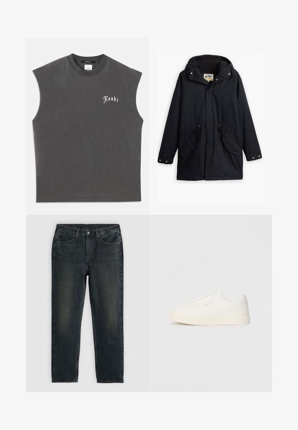 Juodas vandeniui atsparus parka su nuimamu kapišonu, raišteliu juosmeniui, dviem šoninėmis kišenėmis ir minkštu pamušalu. Yra spaudimo užsegimai ir patvari medžiaga.; Pilkos be rankovių marškinėliai su apvalia iškirpte, priekyje su balta "Ksubi" logotipu. Pagaminti iš minkštos medvilnės, su laisvu siluetu.; Tamsiai mėlynos džinsinės kelnės su tiesiu kirpimu, turinčios penkias kišenes, užtrauktuką ir kontrastingas siūles. Audinys šiek tiek nublukęs.; Baltos slip-on sportbačiai su tekstūruota paviršiumi, storesniu padu ir minimalistišku dizainu. Šone matosi prekės ženklo logotipas.