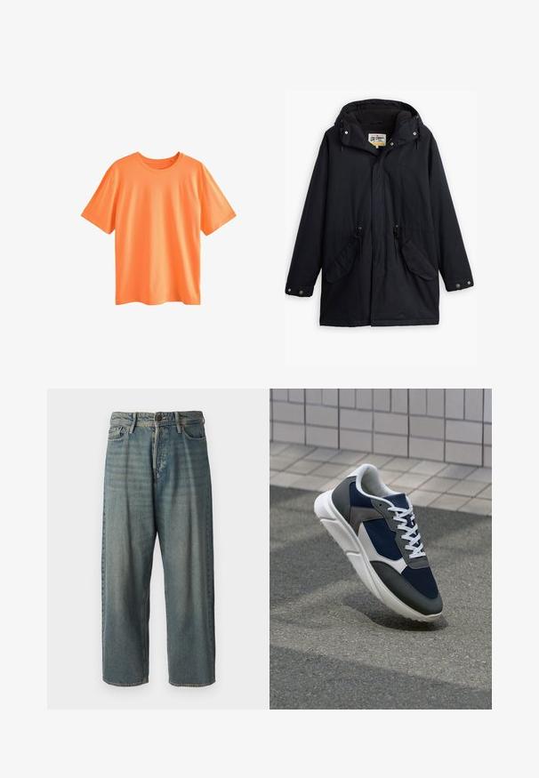 Čierna nepremokavá parka s odnímateľnou kapucňou, sťahovacím pásom v páse, dvoma bočnými vreckami a mäkkou podšívkou. Obsahuje patentky a odolný materiál.; Next Základné tričko - mottled orange; Svetlomodré denimové nohavice so voľným strihom, stredne vysokým pásom a rovnými nohavicami. Obsahujú päť vreciek, pútka na opasok a zapínanie na gombík.; Tenisky s sieťovinou v námorníckej modrej farbe, so sivými semišovými detailmi, bielou gumovou podrážkou a plochými bielymi šnúrkami, navrhnuté pre pohodlie a priedušnosť.