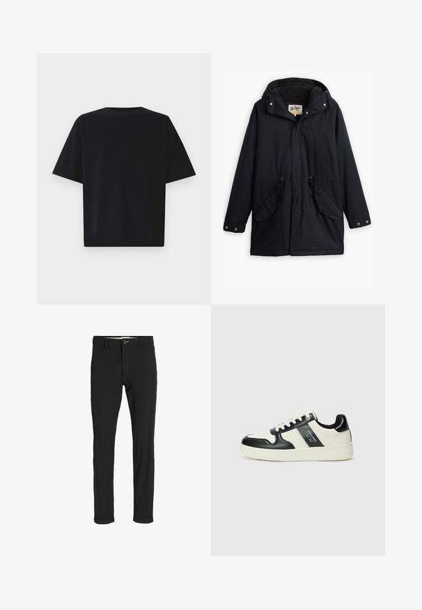 Must värvitud veekindel parka äratavaba kapuutsi, reguleeritava vöökoha, kahe küljetasku ja pehme voodriga. Omab nööpkinnitusi ja vastupidavat kangast.; GAP ULTRA SOFT BOXY TEE - Lihtne T-särk - black; Mustast puuvillasegustest pükstest õhukese lõikega, milles on nööbikinnitus, taskud ja keeratud sääred, et saavutada lõdva lõppviimistluse.; Nahatud nahkkingad musta ja kreemi värviskeemiga, millel on perforeeritud aktsendid, pehme krae ja tekstureeritud tallad.