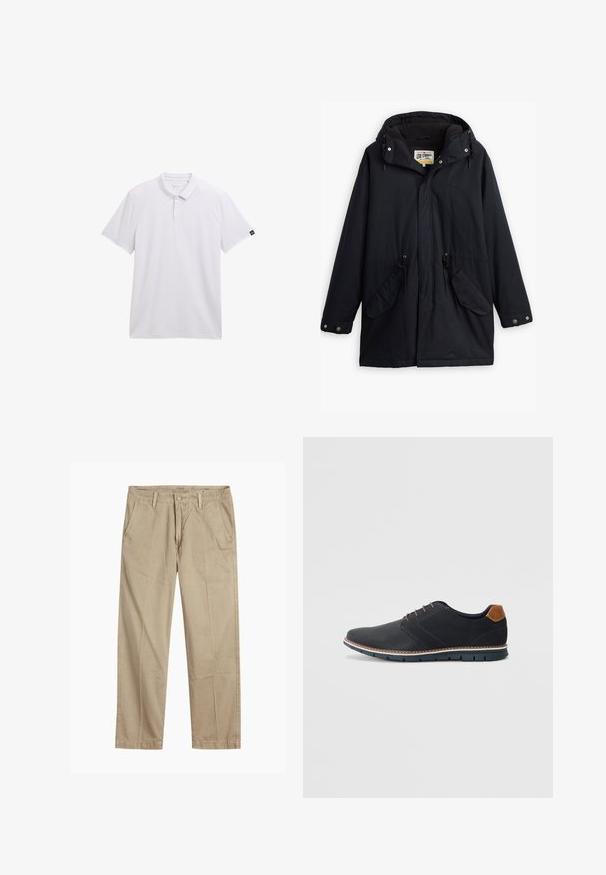 Čierna nepremokavá parka s odnímateľnou kapucňou, sťahovacím pásom v páse, dvoma bočnými vreckami a mäkkou podšívkou. Obsahuje patentky a odolný materiál.; Biele polo tričko vyrobené z hladkej látky, s klasickým golierom, trojitém zapínaním na gombíky, krátkymi rukávmi a malou logom na rukáve.; Béžové chinos nohavice rovného strihu s pútkami na opasok, predným gombíkom a zipsom, a šikmými prednými vreckami.; Čierne syntetické topánky so štruktúrovaným zvrškom, hladkými akcentmi, hnedým opätkom a kontrastnou podrážkou. Majú minimálne šnurovanie a detaily prešitia.
