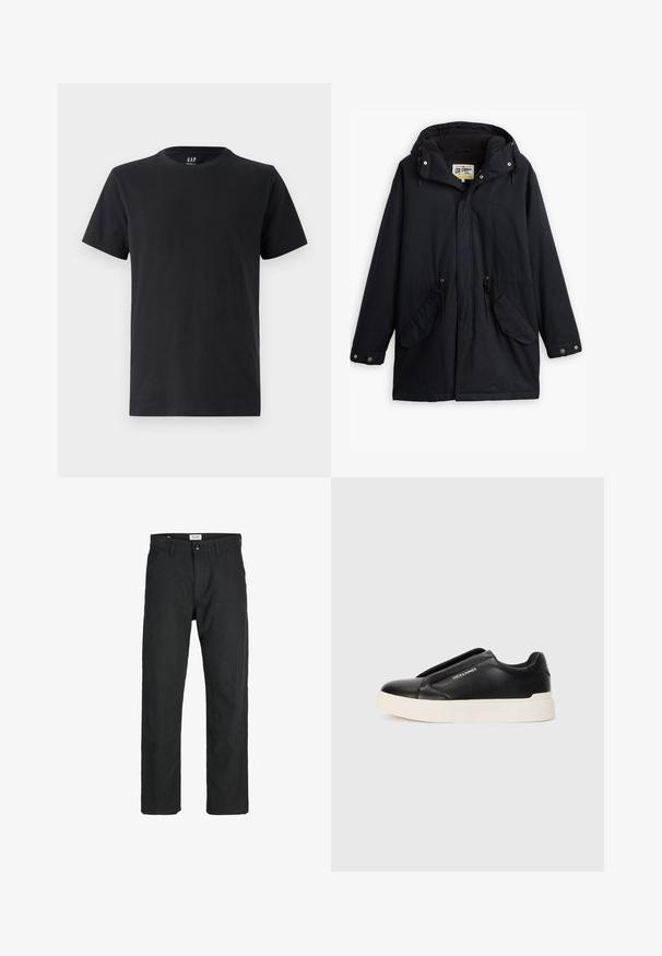 Fekete vízálló parka leválasztható kapucnival, húzózsinóros derékkal, két oldalsó zsebből és puha béléssel. Patentos záródással és tartós anyaggal rendelkezik.; Fekete pamut póló kerek nyakkivágással és rövid ujjakkal. Simas texture, normál szabás, a GAP logójával a galléron.; Fekete nadrág tartós anyagból, egyenes szárú kialakítással, varrott díszítésekkel és két elülső zsebbel a funkciók érdekében.; Fekete slip-on sneaker, textúrált bőrfelsővel, fehér gumitalppal és láthatatlan fűzőkkel. Az oldalon a márka logója található.
