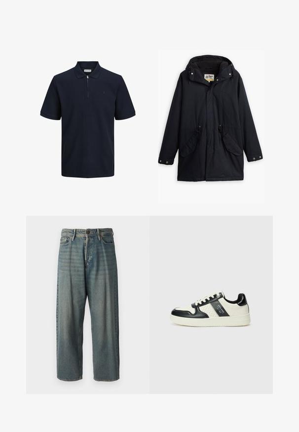 Parka noire imperméable avec capuche amovible, taille réglable par cordon, deux poches latérales et doublure douce. Comprend des fermetures à pression et un tissu durable.; Polo shirt marine à manches courtes, en tissu texturé, avec col et demi-zip. Présente un petit logo sur la poitrine gauche.; Jeans en denim bleu clair avec une coupe ample, taille mi-haute et jambes droites. Comprend cinq poches, des passants de ceinture et une fermeture à bouton.; Baskets en cuir avec un schéma de couleurs noir et crème, dotées d'accents perforés, d'un col rembourré et d'une semelle texturée.