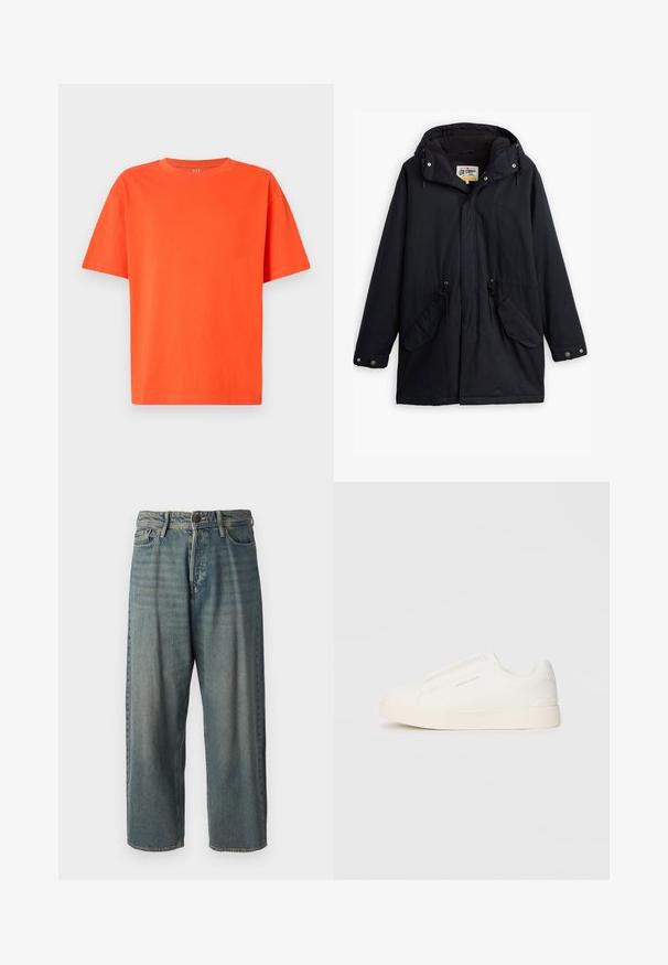 Parka neagră impermeabilă cu glugă detașabilă, talie ajustabilă cu șnur, două buzunare laterale și o căptușeală moale. Dispune de închideri cu capse și material rezistent.; Tricou cu mânecă scurtă din bumbac portocalie, având guler rotund și o croială lejeră, cu detalii minime pentru un design simplu.; Jeans din denim bleu deschis, cu o croială lejeră, talie medie și picioare drepte. Au cinci buzunare, bucle pentru curea și închidere cu nasture.; Tenisi albi slip-on cu o suprafață texturată, talpă groasă și un design minimalist. Prezintă logo-ul brandului pe lateral.