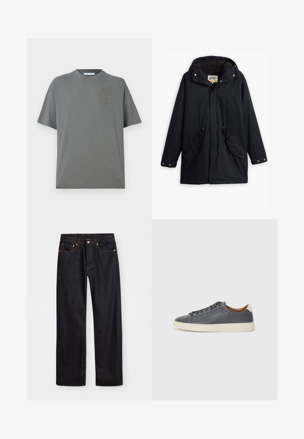 Melna ūdensizturīga parka ar noņemamu kapuci, regulējamu jostu, divām sānu kabatām un mīkstu oderi. Ietekme slēgšanai un izturīgs audums.; Pelēka kokvilnas t-krekls ar apaļu kaklu, īsām piedurknēm un mazu, šķietami nemanāmu logo priekšpusē. Vienkāršs dizains ar brīvu piegriezumu.; Vīriešu taisno kāju melnie džinsi ar piecām kabatām un oranžu izšuvumu, ar pogu un zipa aizdari priekšējā jostas daļā.; Pelēki ādas sporta apavi ar apaļu purngalu, gumijas zoli, plakanu auklu un gaišiem akcentiem uz papēža. Gluda tekstūra un minimālistisks dizains.
