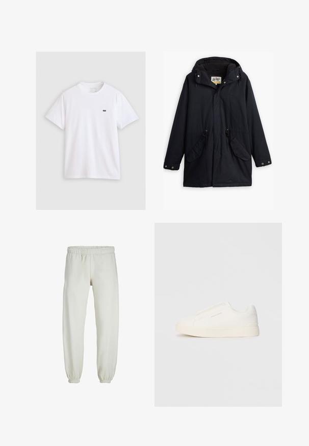 Črna nepremočljiva parka z odstranljivo kapuco, vrvico v pasu, dvema stranskima žepoma in mehkim podlogom. Vključuje gumbe za zapiranje in trpežno tkanino.; Bela bombažna majica s kratkimi rokavi in okroglim izrezom, ki na levem prsnem delu vsebuje majhen črn Levi's logotip.; Bele trenerke narejene iz mehkega blaga, z elastičnim pasom in manšetami, gladke teksture in ohlapnega kroja.; Bele zapete brez vezalk z teksturirano površino, debelim podplatom in minimalističnim dizajnom. Na strani se nahaja logotip blagovne znamke.