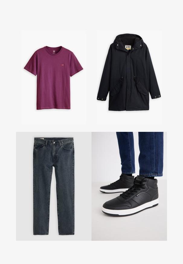 Černá voděodolná parka s odnímatelnou kapucí, stažením v pase, dvěma bočními kapsami a měkkou podšívkou. Obsahuje patentky a odolnou tkaninu.; Fialové bavlněné tričko s krátkým rukávem, kulatým výstřihem a malým červeným logem na levé části hrudi. Jednoduchý design, hladká textura.; Tmavě modré džíny s rovnými nohavicemi, pěti kapsami a zapínáním na knoflíky. Tkanina vykazuje jemné blednutí a texturu.; Černé vysoké tenisky vyrobené z texturované kůže, s černými tkaničkami, bílou gumovou podrážkou a malým logem na boku.