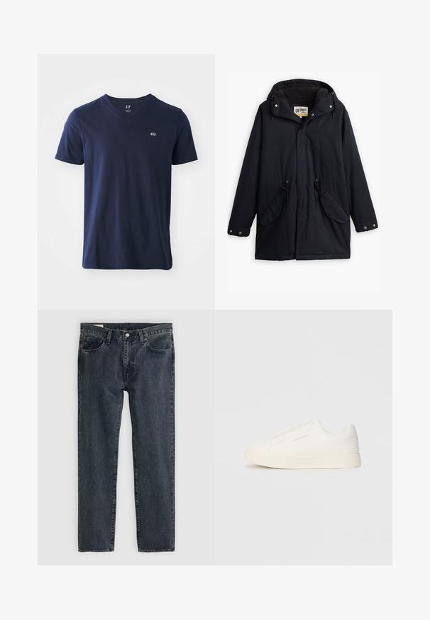 Parka impermeável preta com capuz destacável, cintura com cordão, dois bolsos laterais e um forro macio. Apresenta fechos de pressão e tecido durável.; T-shirt de algodão azul-marinho com decote em V, mangas curtas e um pequeno logótipo bordado no peito. Textura suave e design casual.; Jeans de denim azul-escuro com um design de perna reta, cinco bolsos e fecho com botão. O tecido apresenta um desvanecimento sutil e textura.; Sapatilhas brancas de atacar com uma superfície texturizada, sola grossa e design minimalista. Possui o logo da marca na lateral.