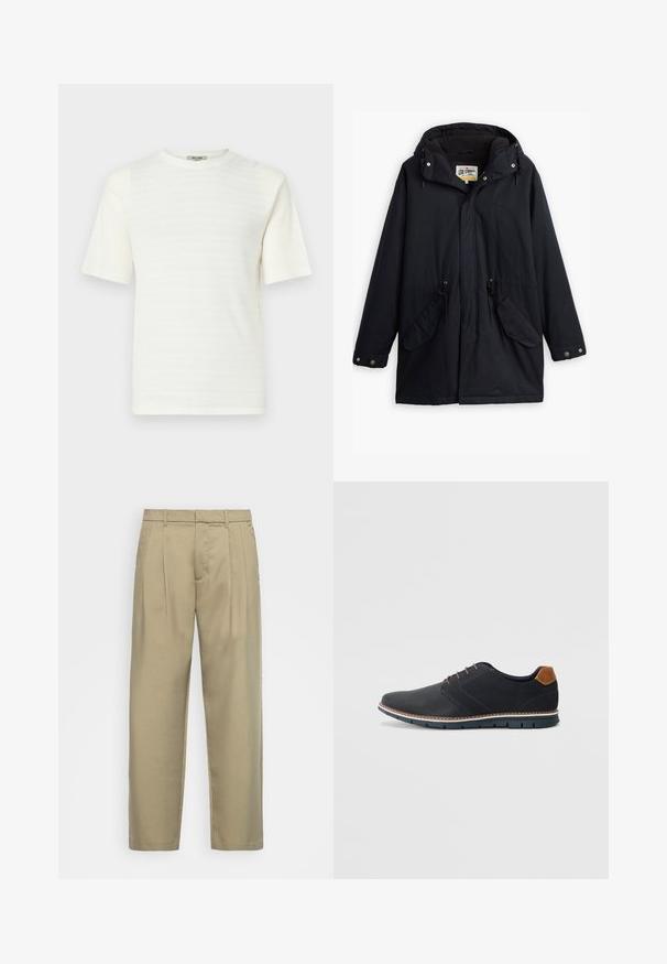 Black waterproof parka with a detachable hood, drawstring waist, two side pockets, and a soft lining. Features snap closures and durable fabric.; White short-sleeved T-shirt made of textured fabric with a subtle horizontal pattern. Crew neck design, relaxed fit.; Beige, high-waisted trousers with a straight cut, featuring a flat front, side pockets, and a smooth, textured fabric.; Black synthetic shoes with a textured upper, smooth accents, brown heel, and a contrasting sole. Features minimal lacing and stitch details.