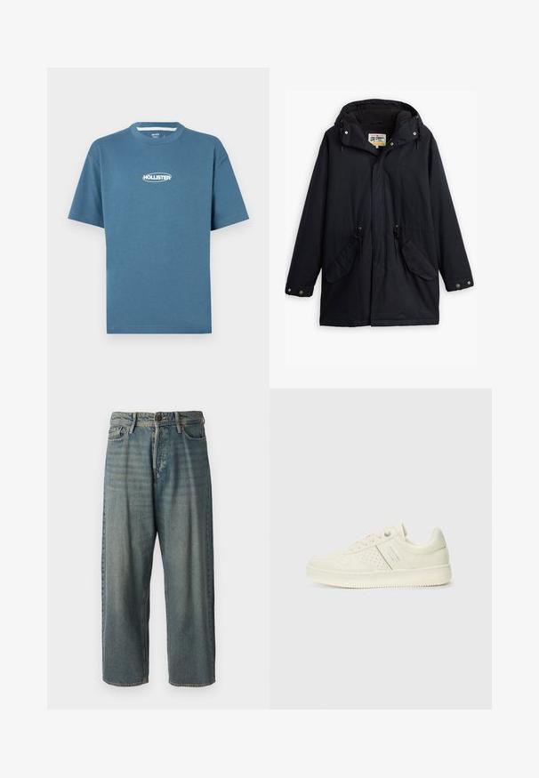 Μαύρο αδιάβροχο παρκά με αποσπώμενη κουκούλα, ελαστική μέση, δύο πλαϊνές τσέπες και μαλακή επένδυση. Διαθέτει κλείσιμο με κουμπιά και ανθεκτικό ύφασμα.; Μπλε κοντομάνικο μπλουζάκι από βαμβάκι με στρογγυλή λαιμόκοψη και λευκό λογότυπο "HOLLISTER" στο στήθος. Λείος υφάσματος και χαλαρή εφαρμογή.; Ανοιχτό μπλε τζιν παντελόνι με χαλαρή γραμμή, μέση μέσου ύψους και ευθείες γραμμές. Περιλαμβάνει πέντε τσέπες, θηλιές ζώνης και κούμπωμα με κουμπί.; Αθλητικό παπούτσι σε κρέμα χρώμα με διάτρητη λεπτομέρεια, κορδόνια και λογότυπο στο πλάι, τοποθετημένο σε λευκό φόντο.